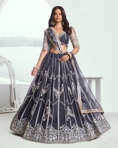 Dark Grey Net Sequins & Thread Work Customized Women Lehenga Choli With Embroidered Dupatta