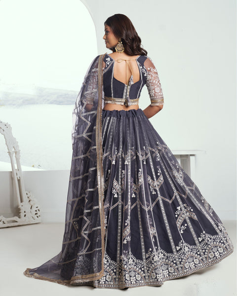 Dark Grey Net Sequins & Thread Work Customized Women Lehenga Choli With Embroidered Dupatta