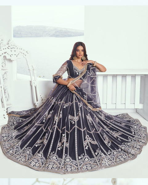 Dark Grey Net Sequins & Thread Work Customized Women Lehenga Choli With Embroidered Dupatta