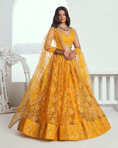 Yellow Net Sequins & Thread Work Customized Women Lehenga Choli With Embroidered Dupatta