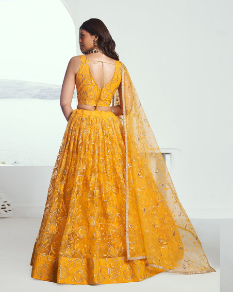 Yellow Net Sequins & Thread Work Customized Women Lehenga Choli With Embroidered Dupatta