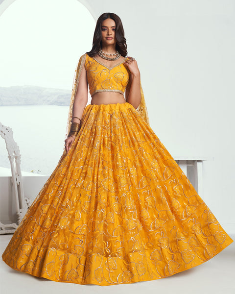 Yellow Net Sequins & Thread Work Customized Women Lehenga Choli With Embroidered Dupatta