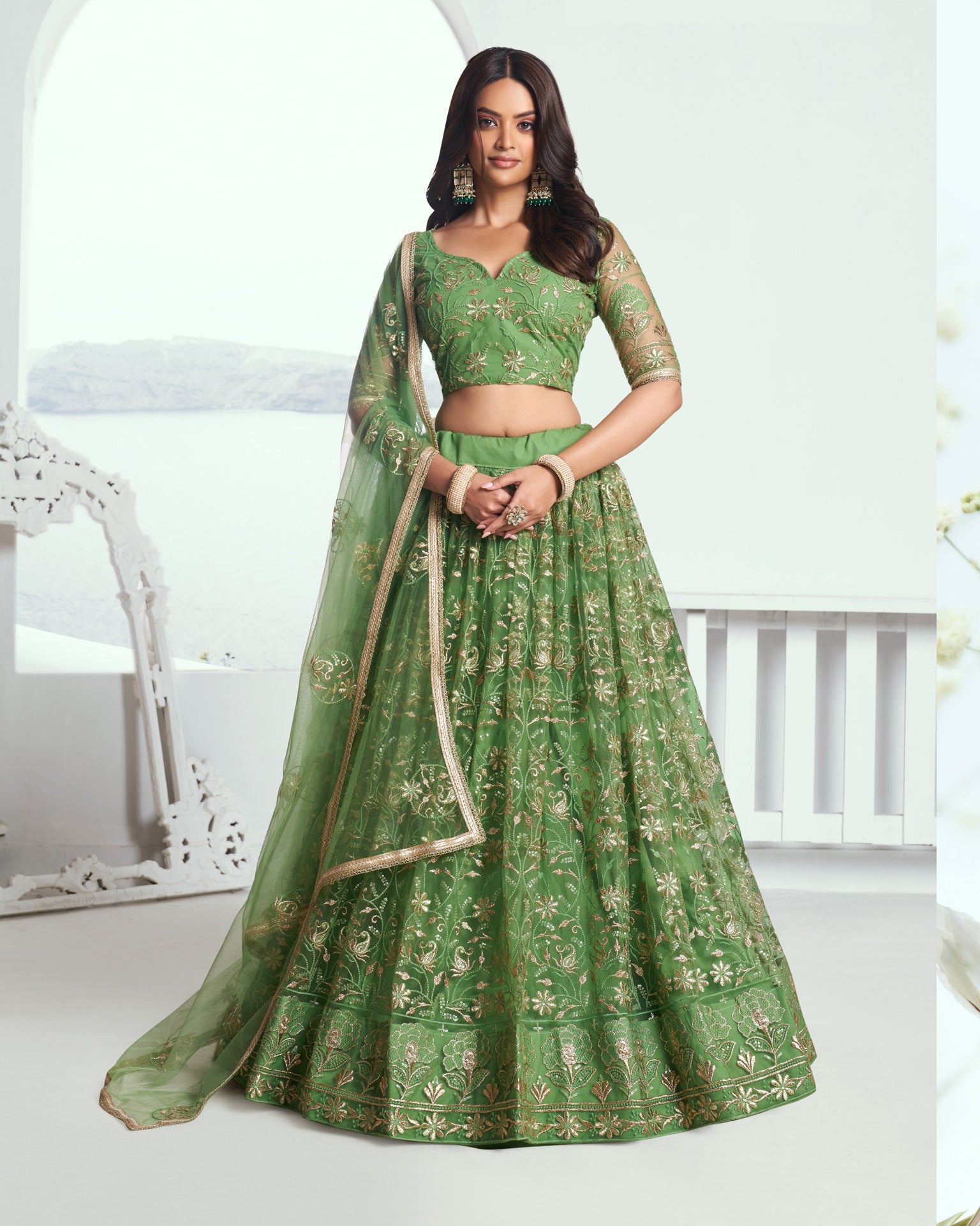 Green Net Sequins & Thread Work Customized Women Lehenga Choli With Embroidered Dupatta