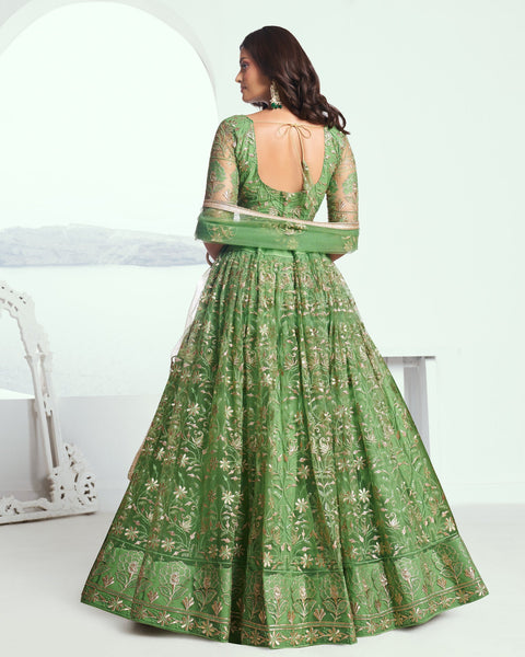 Green Net Sequins & Thread Work Customized Women Lehenga Choli With Embroidered Dupatta