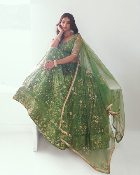 Green Net Sequins & Thread Work Customized Women Lehenga Choli With Embroidered Dupatta