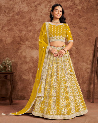 Yellow Faux Georgette Unstitched Sequins Work Women Lehenga Choli