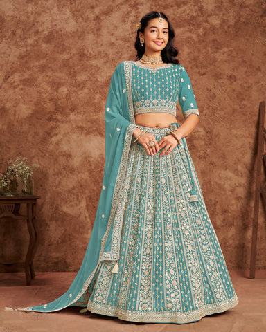 Sky Blue Faux Georgette Unstitched Sequins Work Women Lehenga Choli