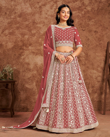 Crimson Red Faux Georgette Unstitched Sequins Work Women Lehenga Choli