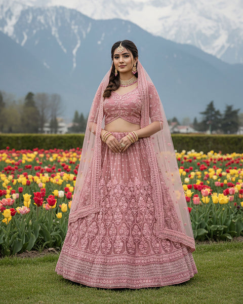 Pink Net Embroidered Unstitched Women Lehenga Choli For Wedding