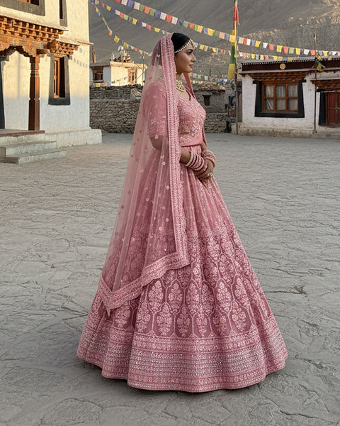 Pink Net Embroidered Unstitched Women Lehenga Choli For Wedding