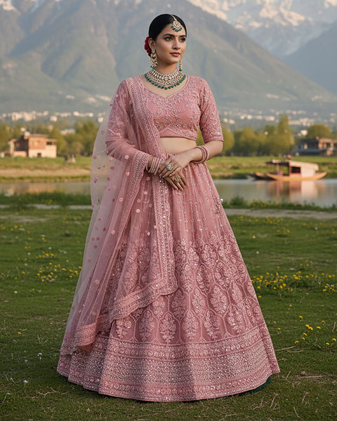 Pink Net Embroidered Unstitched Women Lehenga Choli For Wedding