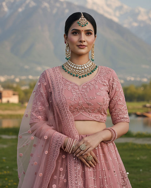 Pink Net Embroidered Unstitched Women Lehenga Choli For Wedding