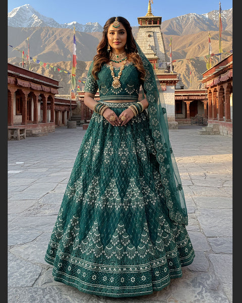 Green Net Embroidered Unstitched Women Lehenga Choli For Wedding
