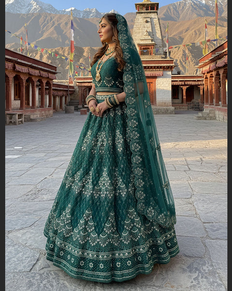 Green Net Embroidered Unstitched Women Lehenga Choli For Wedding