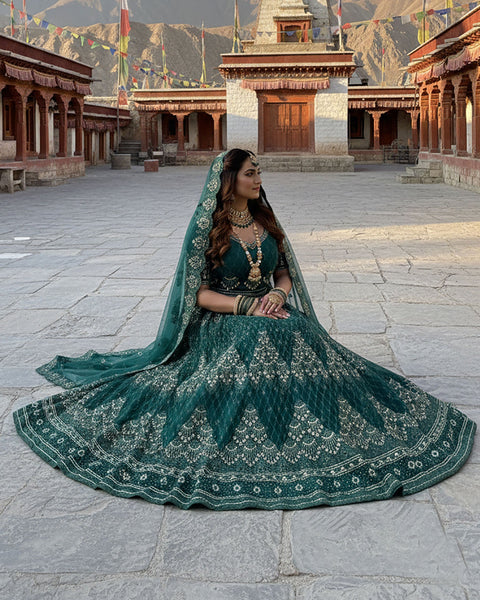 Green Net Embroidered Unstitched Women Lehenga Choli For Wedding