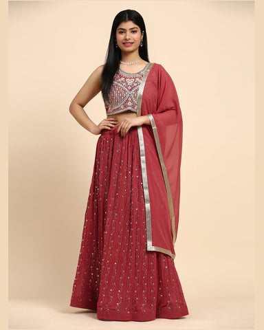 Red Lehenga Choli With Sequins & Thread Work In Georgette Fabric Georgette Red Dupatta
