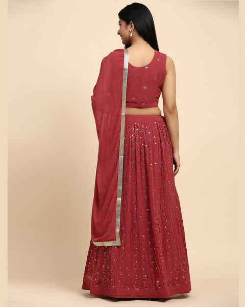 Red Lehenga Choli With Sequins & Thread Work In Georgette Fabric Georgette Red Dupatta