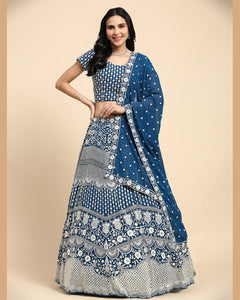 Blue Georgette Thread Embroidered Lehenga Choli With Blue Georgette Dupatta