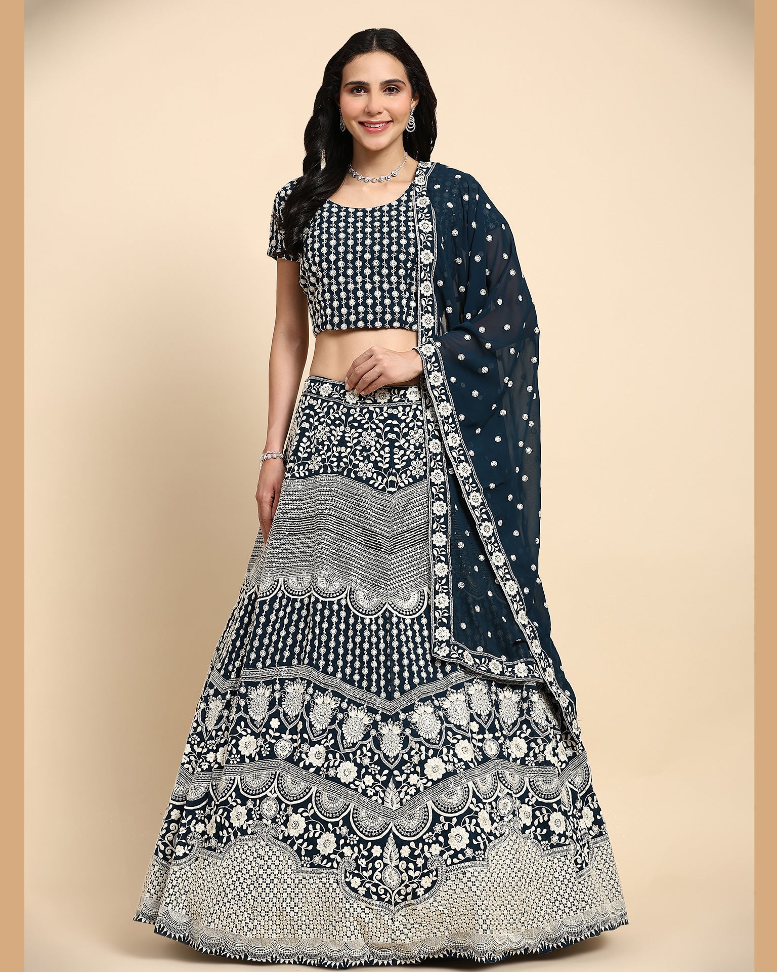 Navy Blue Georgette Thread Embroidered Lehenga Choli With Georgette Dupatta