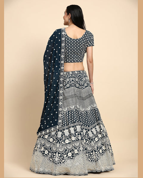 Navy Blue Georgette Thread Embroidered Lehenga Choli With Georgette Dupatta