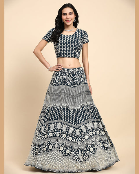 Blue Georgette Thread Embroidered Lehenga Choli With Blue Georgette Dupatta