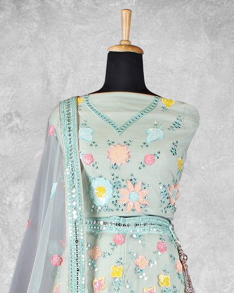 Sea Green Net Sequins & Thread Work Customized Women Lehenga Choli With Net Dupatta