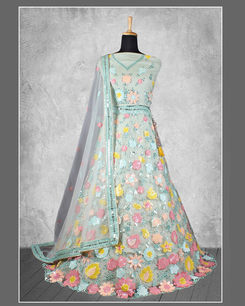 Sea Green Net Sequins & Thread Work Customized Women Lehenga Choli With Net Dupatta
