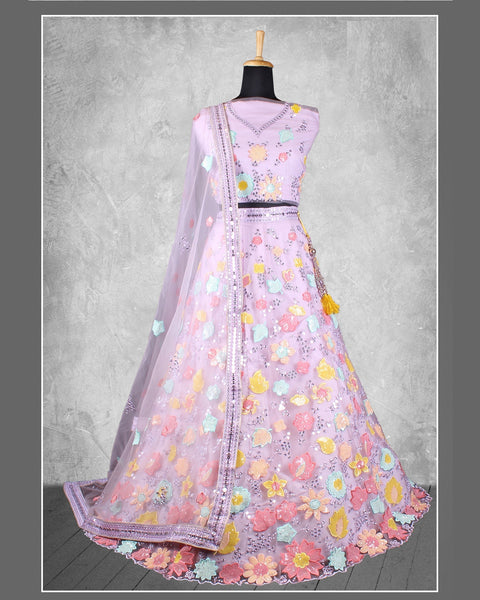 Violet Net Sequins & Thread Work Customized Women Lehenga Choli With Net Dupatta