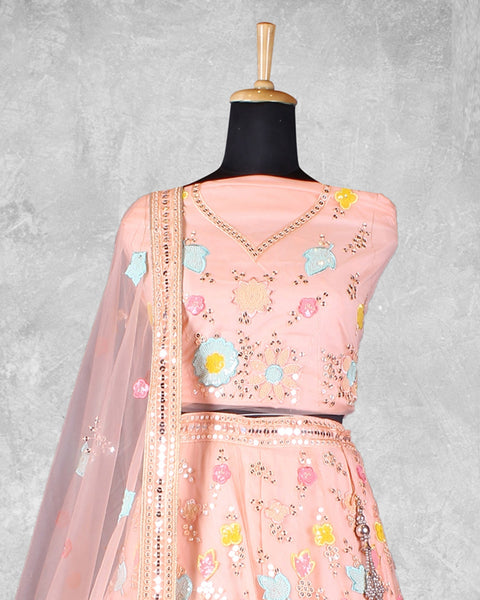 Peach Net Sequins & Thread Work Customized Women Lehenga Choli With Net Dupatta