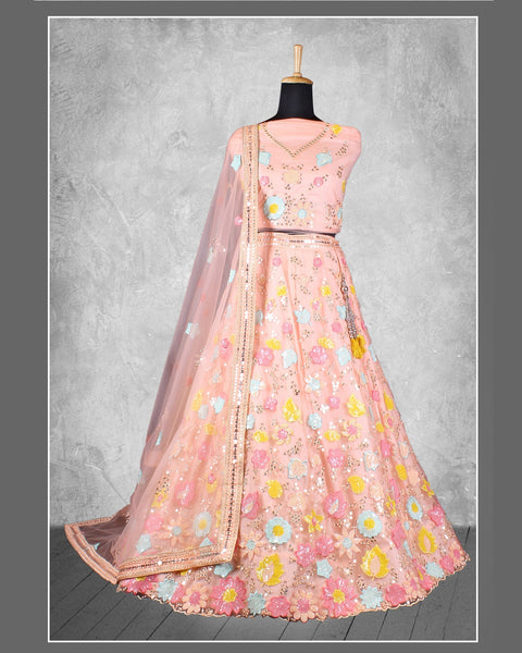 Peach Net Sequins & Thread Work Customized Women Lehenga Choli With Net Dupatta