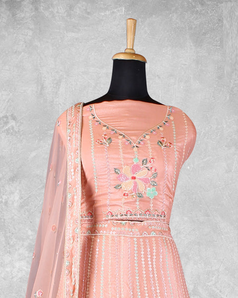 Peach Net Sequins & Thread Work Customized Women Lehenga Choli With Net Dupatta