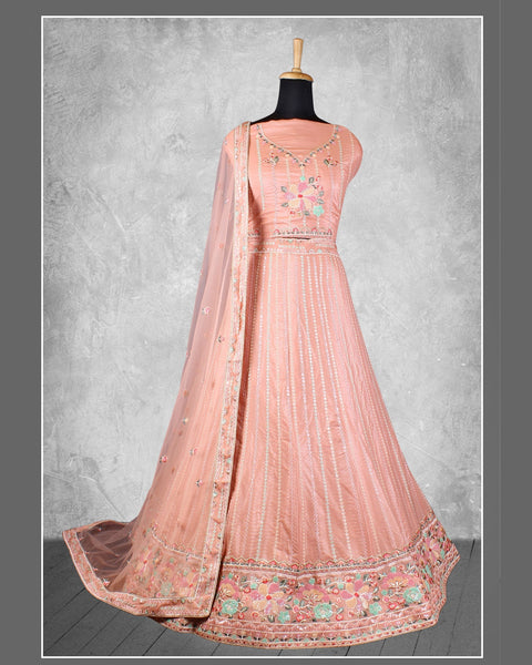 Peach Net Sequins & Thread Work Customized Women Lehenga Choli With Net Dupatta