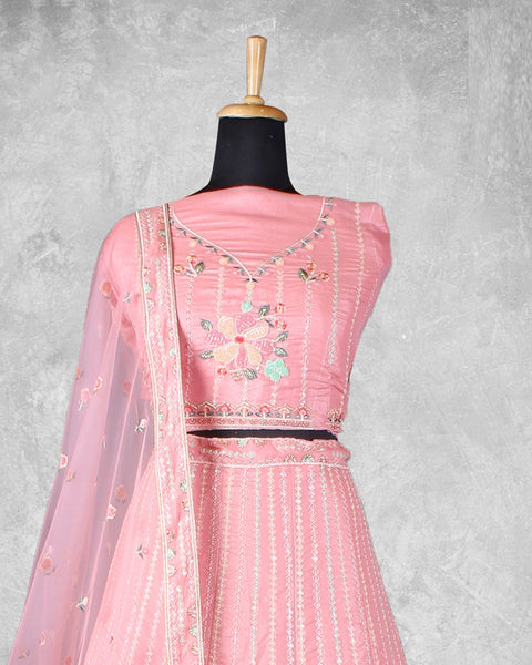 Pink Net Sequins & Thread Work Customized Women Lehenga Choli With Net Dupatta