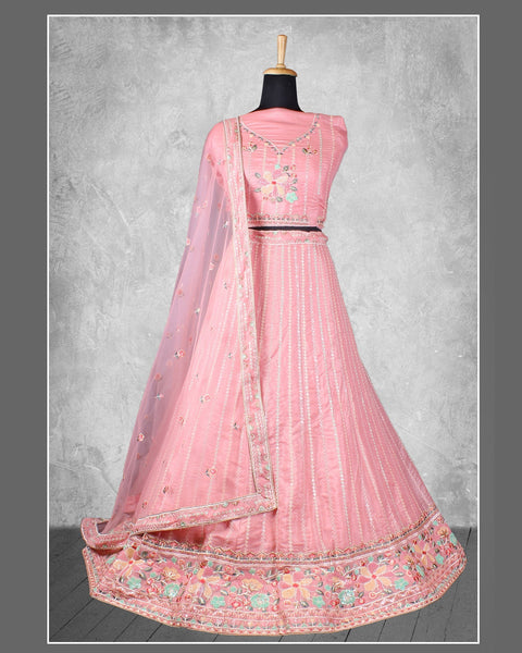 Pink Net Sequins & Thread Work Customized Women Lehenga Choli With Net Dupatta