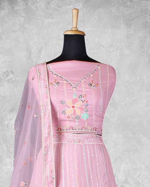 Onion Pink Net Sequins & Thread Work Customized Women Lehenga Choli With Net Dupatta