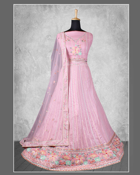 Onion Pink Net Sequins & Thread Work Customized Women Lehenga Choli With Net Dupatta