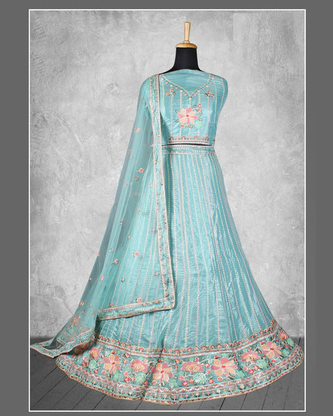 Sky Blue Net Sequins & Thread Work Customized Women Lehenga Choli With Net Dupatta