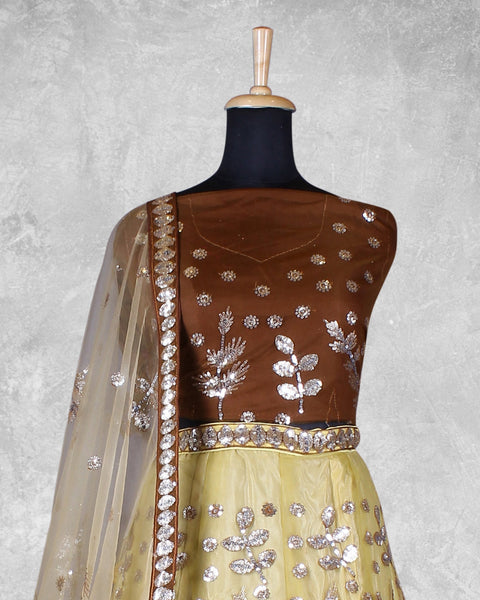 Mustard & Brown Net Sequins & Thread Work Customized Women Lehenga Choli With Net Dupatta