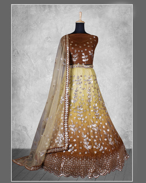 Mustard & Brown Net Sequins & Thread Work Customized Women Lehenga Choli With Net Dupatta