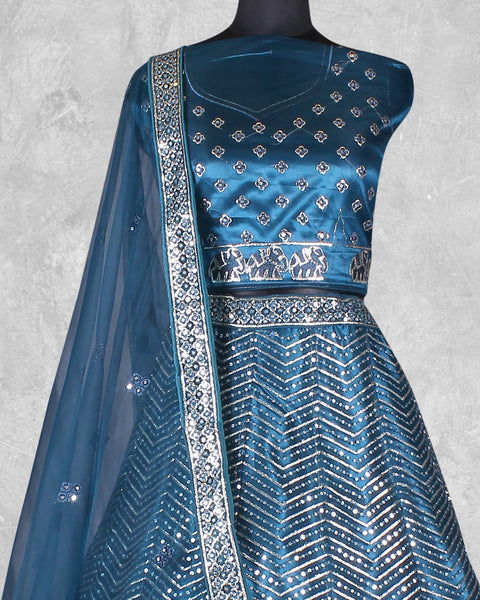 Teal Blue Net Sequins & Thread Work Customized Women Lehenga Choli With Net Dupatta