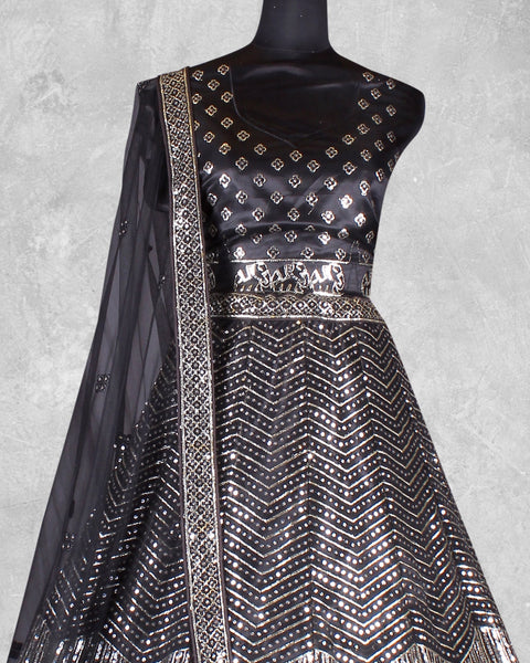 Black Net Sequins & Thread Work Customized Women Lehenga Choli With Net Dupatta