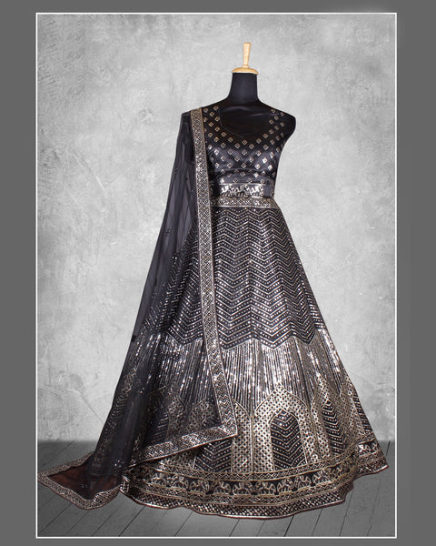 Black Net Sequins & Thread Work Customized Women Lehenga Choli With Net Dupatta