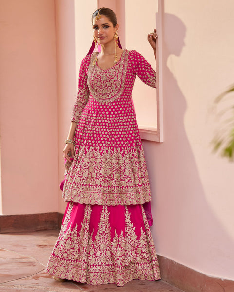 Pink Georgette Zari Sequins Work Women Readymade Lehenga Suit