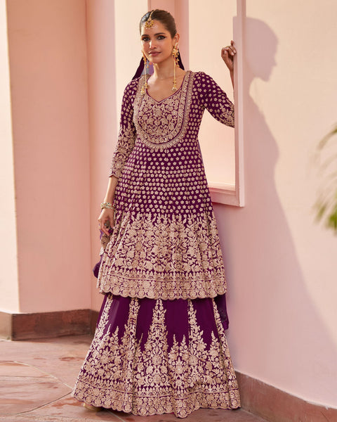 Wine Georgette Zari Sequins Work Women Readymade Lehenga Suit