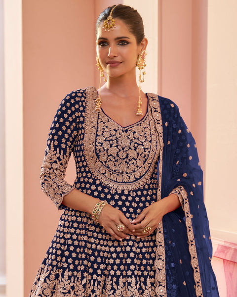 Blue Georgette Zari Sequins Work Women Readymade Lehenga Suit