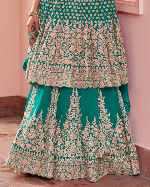 Sea Green Georgette Zari Sequins Work Women Readymade Lehenga Suit