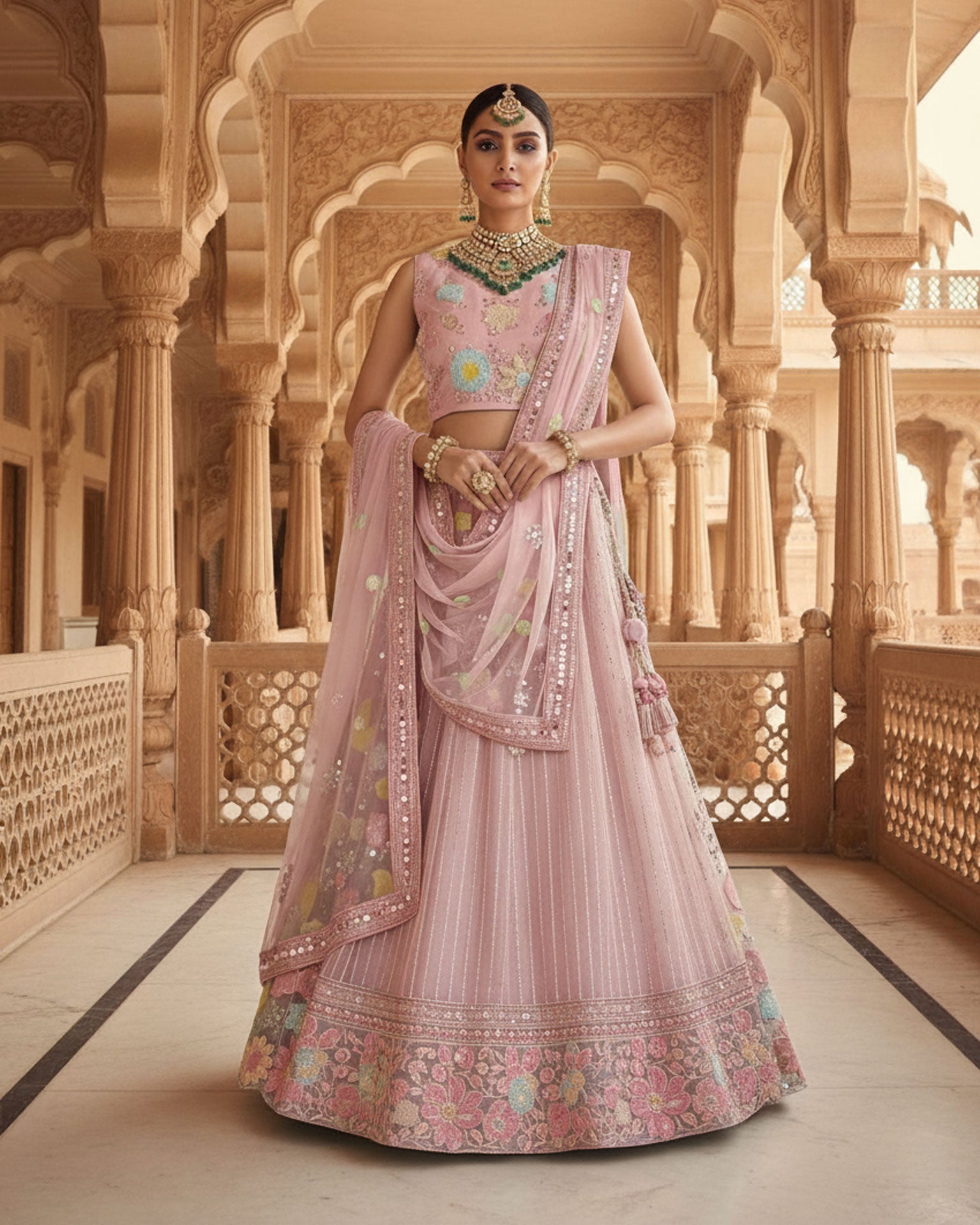 Pink Net Sequins & Thread Work Customized Women Lehenga Choli With Net Dupatta
