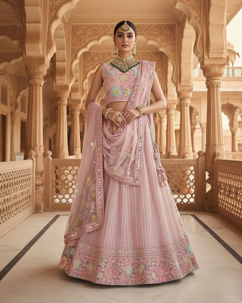 Pink Net Sequins & Thread Work Customized Women Lehenga Choli With Net Dupatta