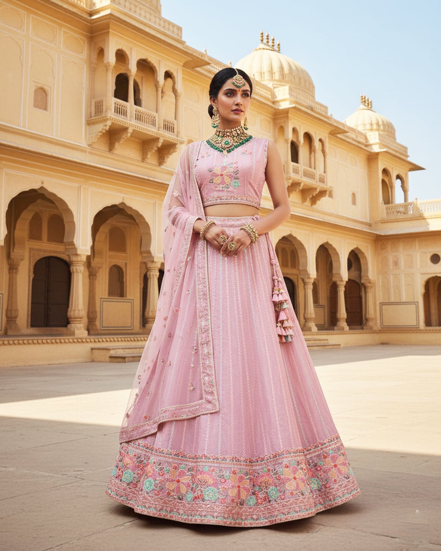 Onion Pink Net Sequins & Thread Work Customized Women Lehenga Choli With Net Dupatta