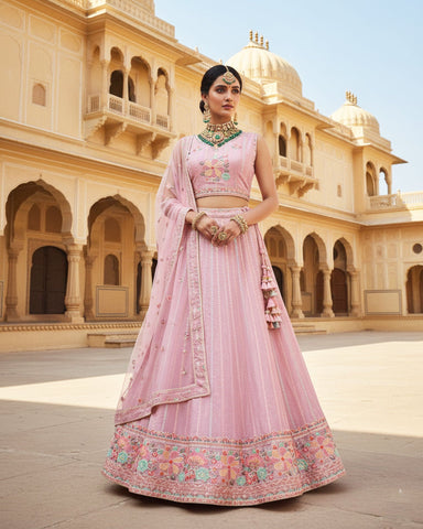 Onion Pink Net Sequins & Thread Work Customized Women Lehenga Choli With Net Dupatta